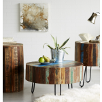 Industrial Coffee Table Rustic Solid Reclaimed Wood Vintage Retro Round Metal Side Stand