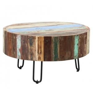 Industrial Coffee Table Rustic Solid Reclaimed Wood Vintage Retro Round Metal Side Stand - Image 3