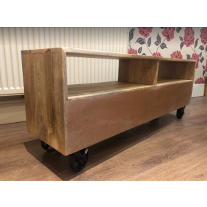 Rustic TV Stand Vintage Industrial Furniture Solid Wood Retro Media Cabinet Wheels Unit - Image 4