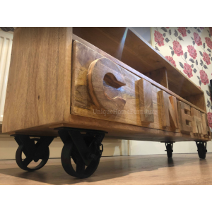 Rustic TV Stand Vintage Industrial Furniture Solid Wood Retro Media Cabinet Wheels Unit - Image 3