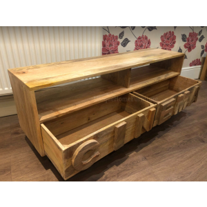 Rustic TV Stand Vintage Industrial Furniture Solid Wood Retro Media Cabinet Wheels Unit - Image 2