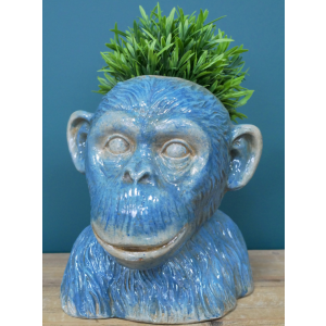 Monkey Head Pot Blue Planter Vase Small Plant Resin Sculpture - Image 2
