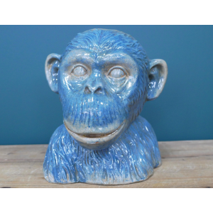 Monkey Head Pot Blue Planter Vase Small Plant Resin Sculpture - Image 4