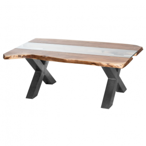 Industrial Coffee Table Rustic Solid Wood Vintage Retro River Live Edge Glass Top - Image 4