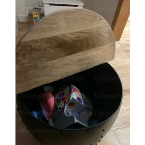 Industrial Coffee Table Rustic Round Metal Storage Solid Mango Wood Vintage Unit - Image 3