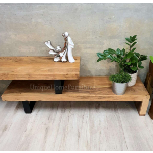 Industrial TV Stand Large Rustic Solid Wood Vintage Shelf Media Cabinet Unit - Image 3