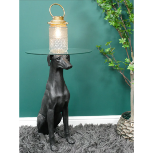 Glass Side Table Resin Black Dog Ornament Tall Coffee Plant Lamp Stand - Image 2