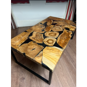Solid Wood Coffee Table Rustic Teak Wooden Large Industrial Metal Resin Unit - Image 3