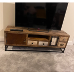 Industrial TV Stand Rustic Solid Wood Media Cabinet Vintage Style Metal Unit