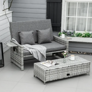 Rattan Sun Lounger Grey Sofa Day Bed Recliner Patio Garden Loveseat Table Stool - Image 2