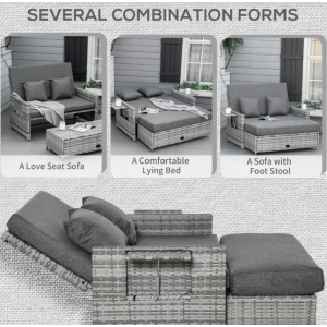 Rattan Sun Lounger Grey Sofa Day Bed Recliner Patio Garden Loveseat Table Stool - Image 4