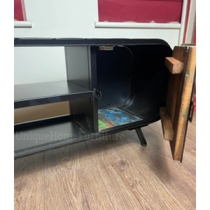 Industrial TV Stand Retro Vintage Style Media Cabinet Unit Black Metal Cupboard - Image 4