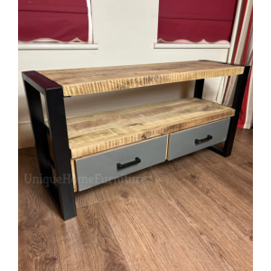 Small TV Stand Vintage Industrial Style Media Cabinet Unit Rustic Solid Wood Table - Image 2