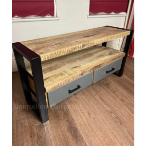 Small TV Stand Vintage Industrial Style Media Cabinet Unit Rustic Solid Wood Table - Image 3