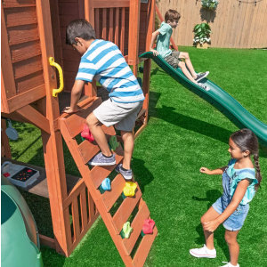 Wooden Garden Playhouse Outdoor Kids Swing Set Large Tree House Climbing Slide - Image 4