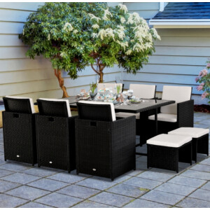 Large Rattan Dining Set Outdoor Garden Furniture Glass Table Chairs Wicker Stool - Image 3