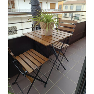 Garden Bistro Set Rustic Wooden Patio Outdoor Cafe Metal Folding 2 Chairs Table - Image 3