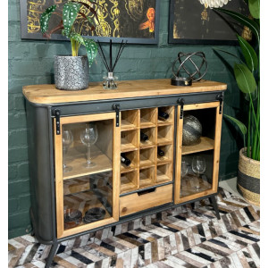 Industrial Storage Sideboard Rustic Metal Side Cabinet Wine Rack Glass Cupboard - Image 2
