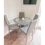 Glass Dining Table and 4 Chairs Modern Round Furniture Metal Seater Grey Set 5pc