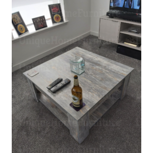 Wooden Coffee Table Square Grey Furniture Rustic Living Room Large Storage Shelf - Image 5