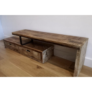 Rustic TV Stand Vintage Industrial Media Unit 2 Drawer Solid Wood Cabinet - Image 2