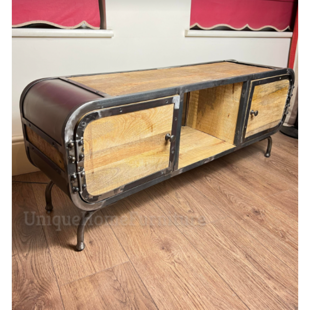 Industrial TV Stand Cast Iron Media Unit Rustic Solid Wood