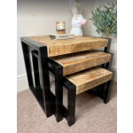 Nest of 3 Tables Industrial Vintage Side End Coffee Table Rustic Solid Wood