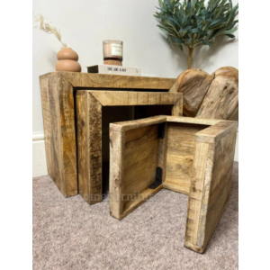 Rustic Nest Of Tables Vintage Farmhouse Set 3 Wooden Nesting Coffee Side End Table - Image 4