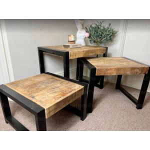 Nest of 3 Tables Industrial Vintage Side End Coffee Table Rustic Solid Wood - Image 4