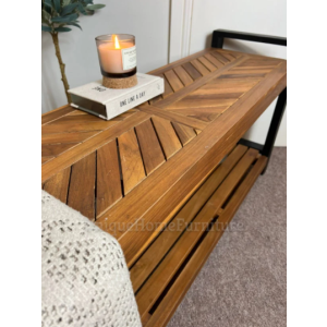 Rustic Storage Bench Solid Teak Wood Window Seat Farmhouse Hallway Shoe Shelf - Image 2