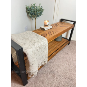 Rustic Storage Bench Solid Teak Wood Window Seat Farmhouse Hallway Shoe Shelf - Image 3