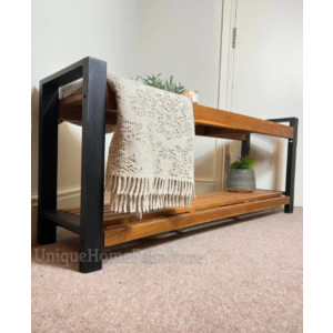 Rustic Storage Bench Solid Teak Wood Window Seat Farmhouse Hallway Shoe Shelf - Image 4