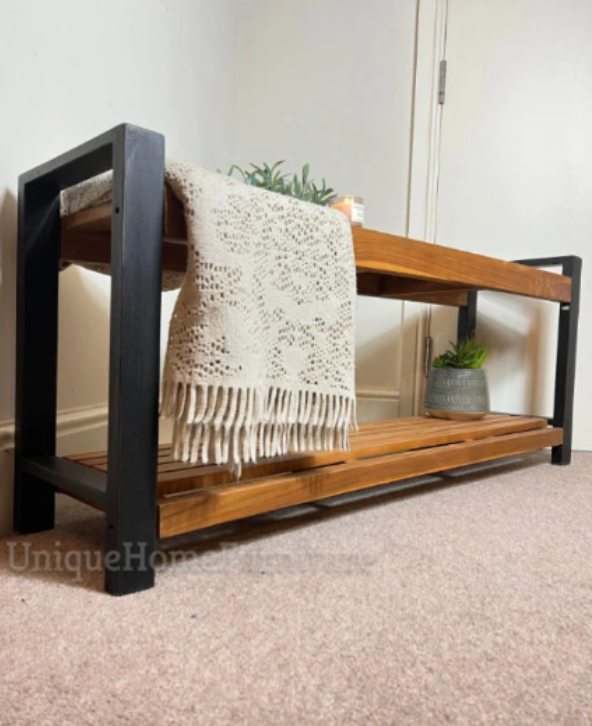 Rustic-Storage-Bench-Solid-Teak-Wood-Window-Seat-Farmhouse-Hallway-Shoe-Shelf