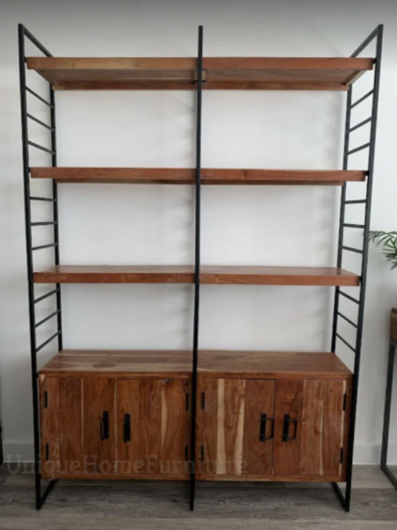 Large-Industrial-Bookcase-Rustic-Solid-Wood-Shelving-Unit-Tall-Metal-Storage-Display-Cabinet