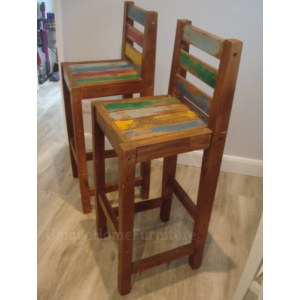 Rustic Bar Stools Solid Wood Dining Set 2 Breakfast Seat Tall Retro Pub Chairs - Image 3
