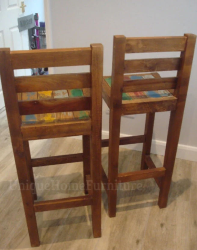 Rustic-Bar-Stools-Solid-Wood-Dining-Set-2-Breakfast-Seat-Tall-Retro-Pub-Chairs