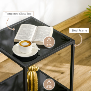 Square Side Table Black Glass Storage Shelf Sofa End Coffee Furniture Lamp Stand - Image 4