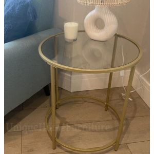 Round Industrial Side Table Vintage Modern Style Metal Glass Coffee End Stand - Image 3