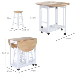 Kitchen Dining Table and Chairs Small Folding Set Drop Leaf Breakfast 3pc Stool - Image 4