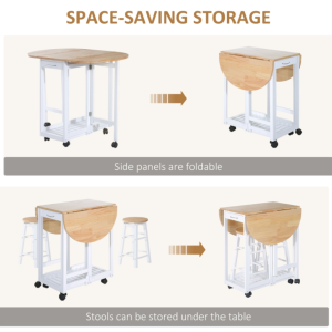 Kitchen Dining Table and Chairs Small Folding Set Drop Leaf Breakfast 3pc Stool - Image 5