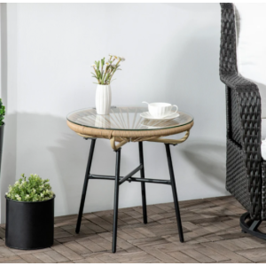 Rattan Coffee Table Small Round Glass Bistro Outdoor Patio Garden End Furniture - Image 4