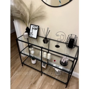 Glass Console Table Side Metal Hall Display Cabinet Modern Black Shelving Unit - Image 2