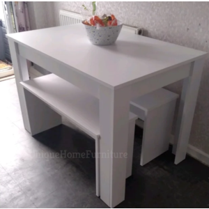 White Dining Table Set Space Saving 2 Benches/Chairs Compact Kitchen Furniture - Image 3
