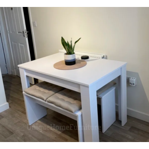 White Dining Table Set Space Saving 2 Benches/Chairs Compact Kitchen Furniture - Image 5
