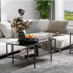 Modern Coffee Table Black Glass Storage Shelf Large Contemporary Side Furniture - Image 4