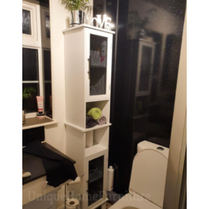Modern Bathroom Cabinet White Storage Cupboard Tall Shelf Unit Black Glass Doors - Image 2