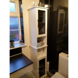 Modern Bathroom Cabinet White Storage Cupboard Tall Shelf Unit Black Glass Doors - Image 3