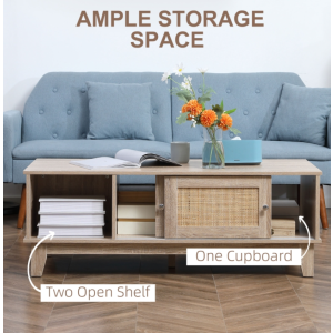Rustic Coffee Table Woven Rattan Style Storage Door Wooden Shelf Room Furniture - Image 2