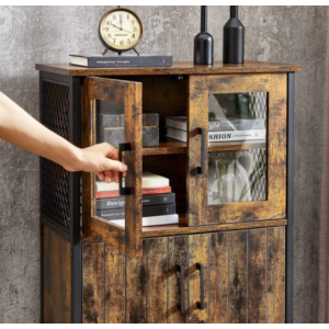 Industrial Pantry Unit Tall Storage Cupboard Rustic Metal Vintage Glass Cabinet - Image 6