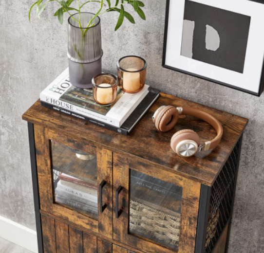 Industrial-Pantry-Unit-Tall-Storage-Cupboard-Rustic-Metal-Vintage-Glass-Cabinet